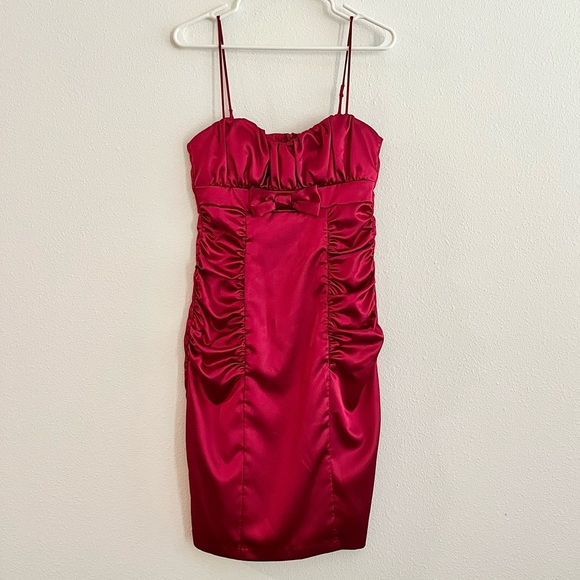 Y2K Vintage Burgundy Red Satin Bow Knee Length Evening Dress Size 11 - Picture 1 of 9